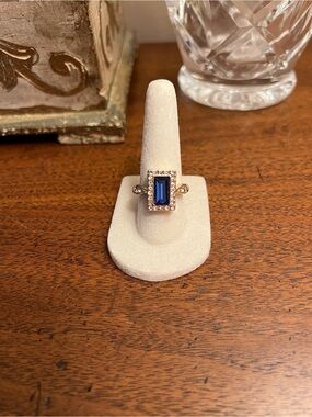 Blue Emerald-Cut Halo Ring with Gold Tone Band